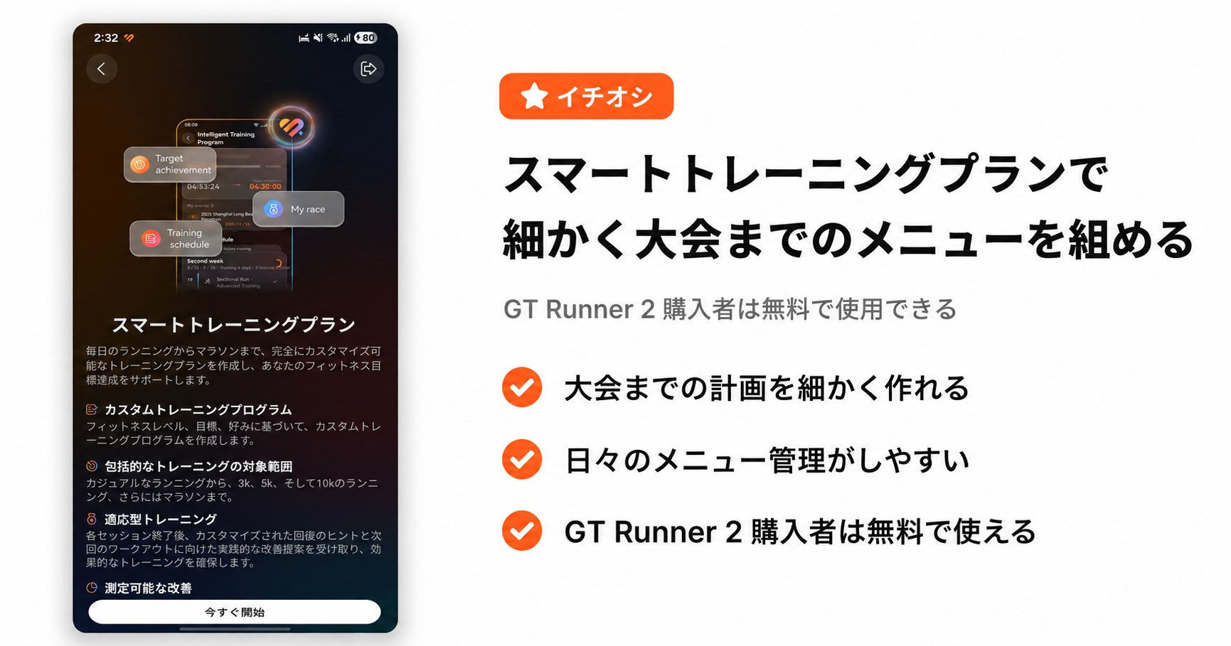 大会日から逆算したメニューを自動作成。GT Runner 2 なら追加課金なし