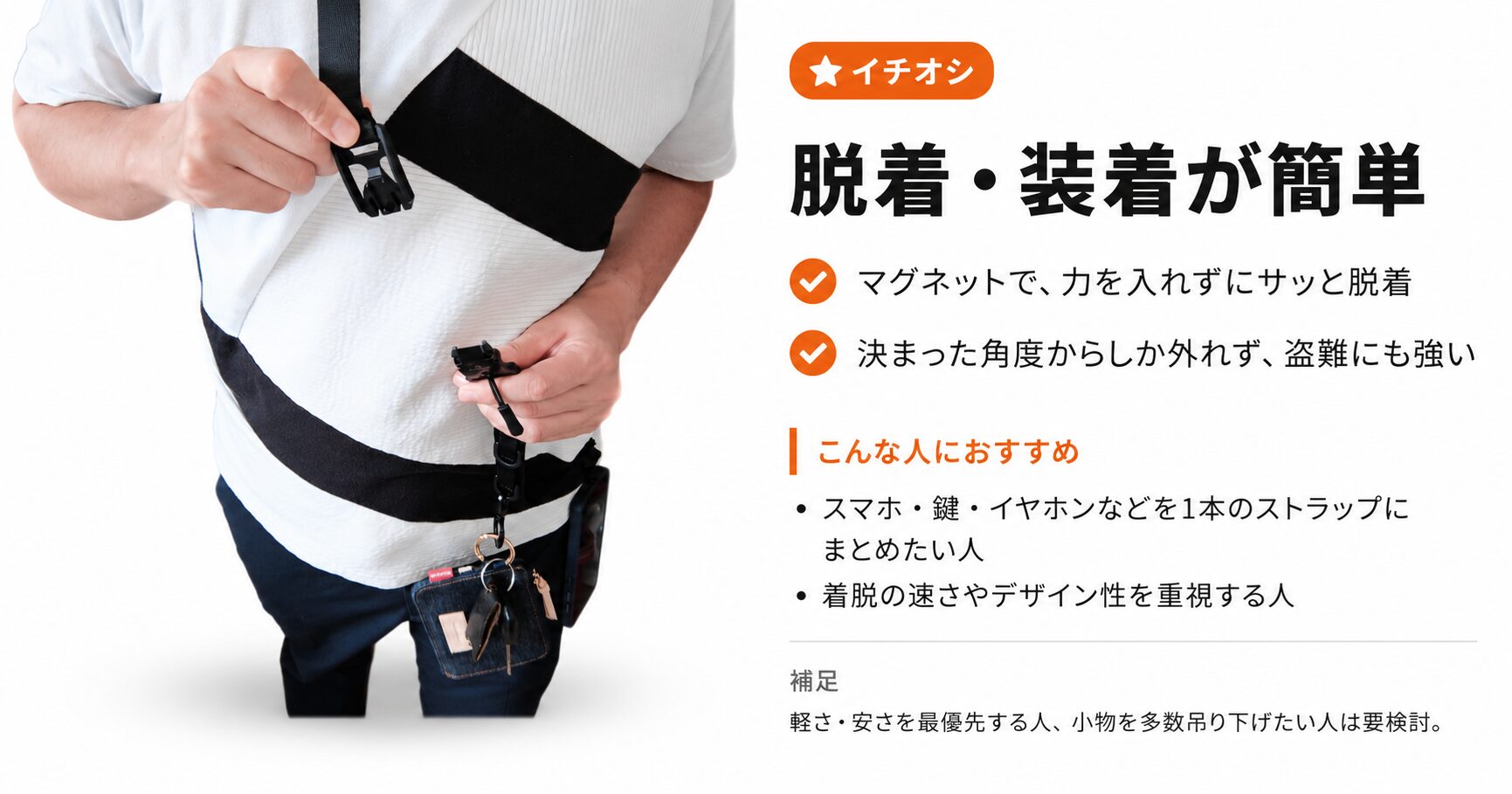 マグネットで力を入れずサッと着脱。決まった角度からしか外れず盗難にも強い