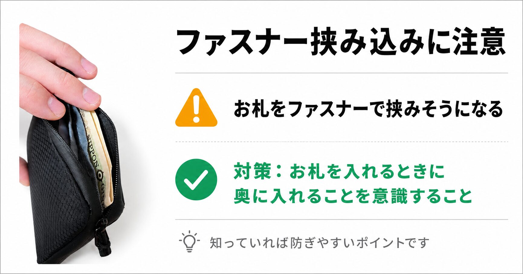 お札をファスナーに挟み込まないよう、閉じる前に一度なでつけるのがコツ
