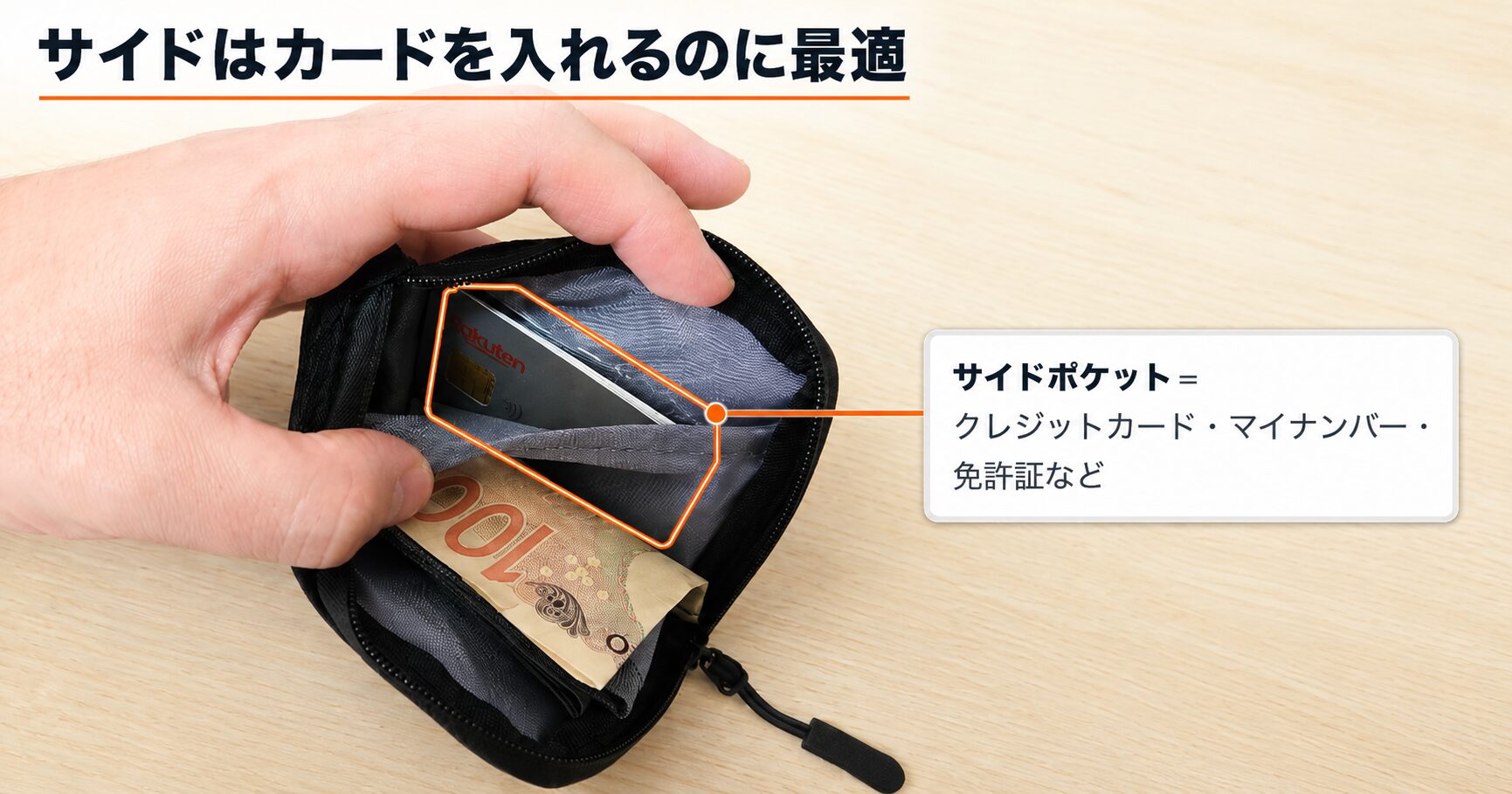 サイドポケットはカード収納に最適。よく使うカードだけを定位置に決めておく