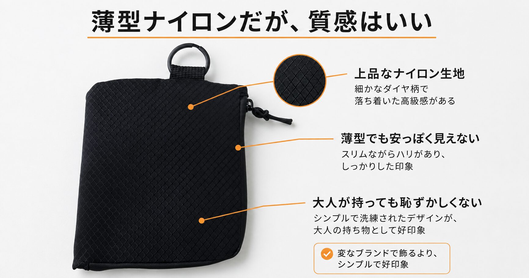 細かなダイヤ柄の210Dリップストップナイロン。薄くてもハリがあり、安っぽく見えない
