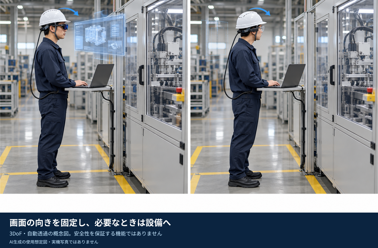 画面を見る場面と設備へ顔を向ける場面を並べた自動透過の概念図