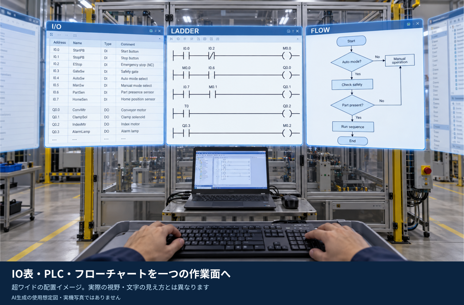 IO表・ラダー画面・フローチャートを横に配置した作業画面の想定図