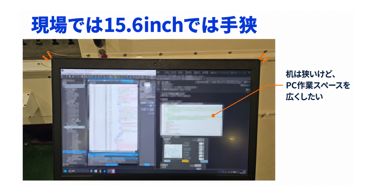 現場のノートPCと、画面の狭さを説明した画像